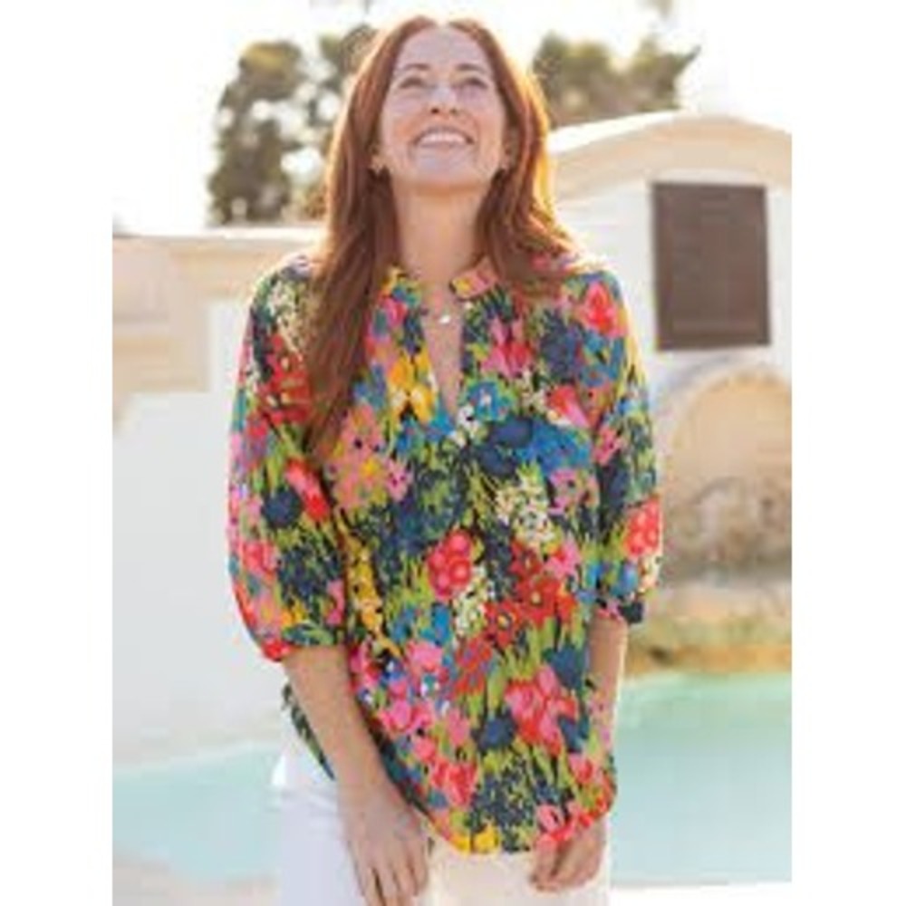 Lesley Evers Camille Floral Blouse Vibrant Multicolor 3/4 Sleeve XS Cottage Boho